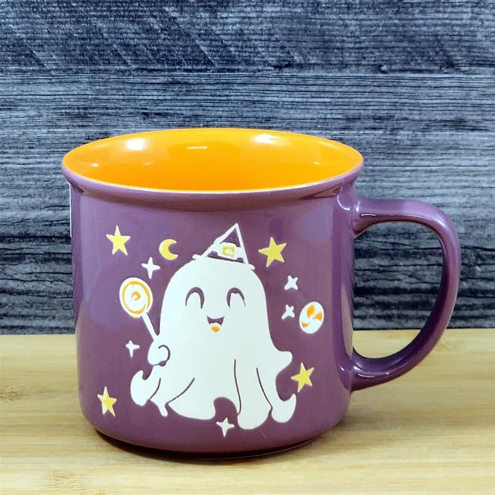 Halloween Whimsical Ghost Mug Ceramic Coffee Tea Cup Orange Purple Blue Sky 17oz