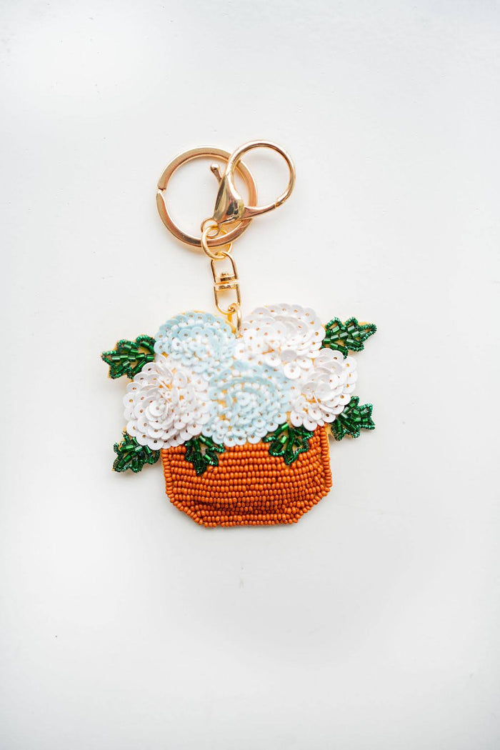 Hand Beaded Hydrangea Basket Keychain