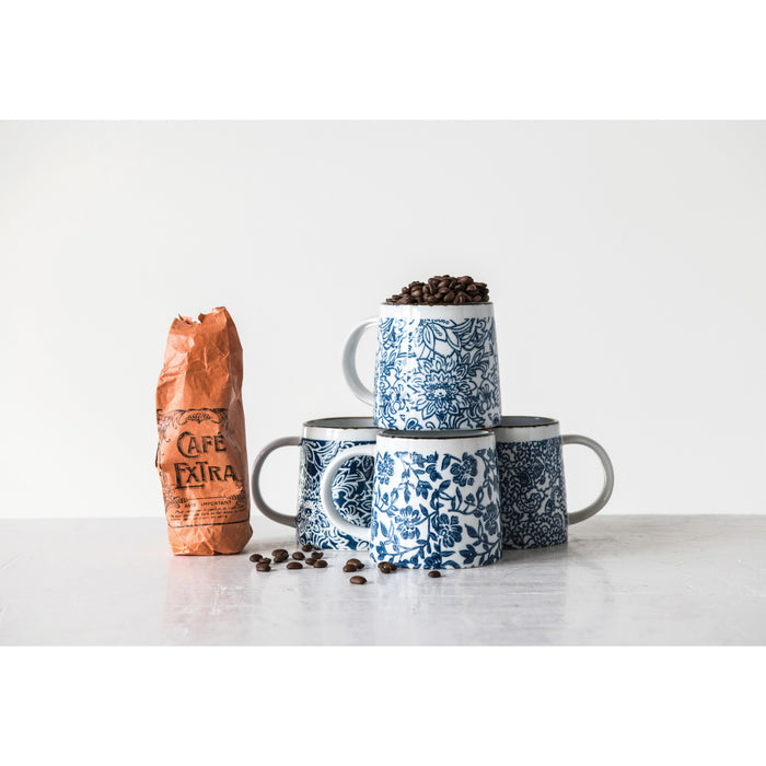 Hand-Stamped White & Blue Mugs
