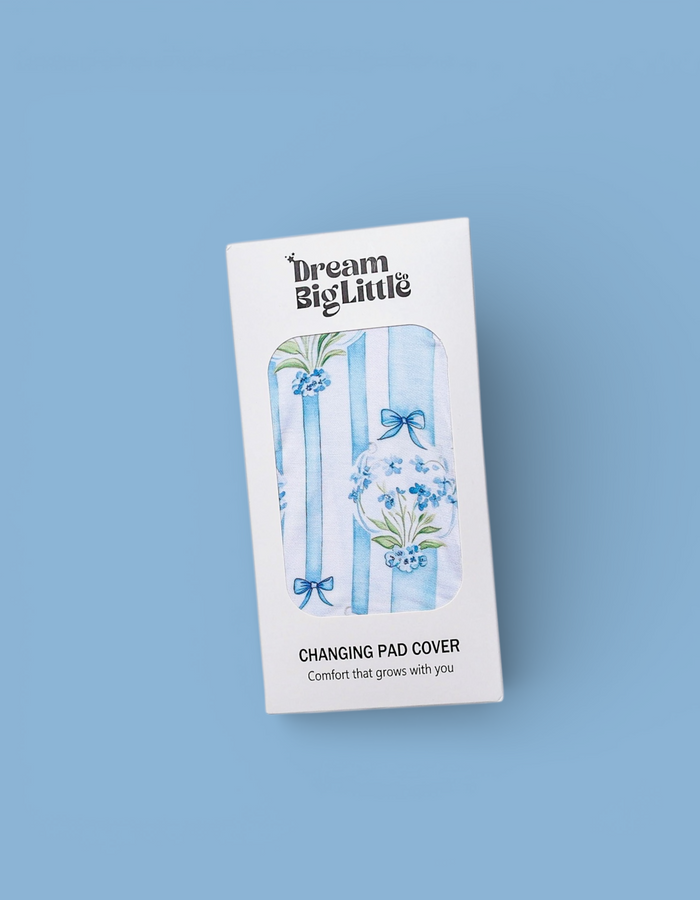 Dream Big Little changing pad cover with blue floral design and striped pattern on white packaging.