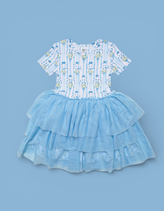 Blue and white floral striped tutu dress with short sleeves and layered tulle skirt.
