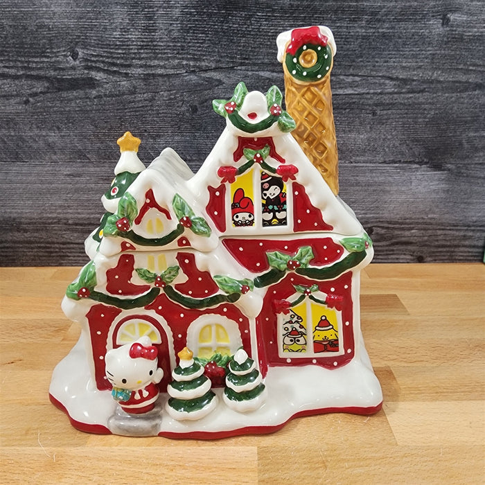Hello Kitty and Friends Cookie Jar Whimsical Gingerbread House Blue Sky Ceramic
