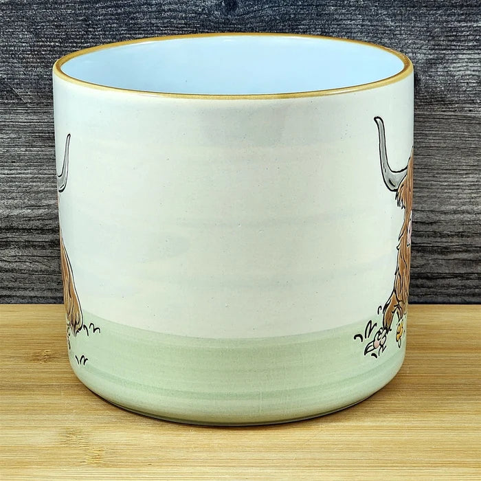 Highland Cow Rustic Planter Ceramic Utensil Organizer Succulent Blue Sky 6.5in