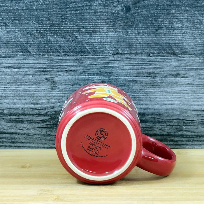 Holiday Gingerbread Christmas Coffee Mug Ceramic Cup Red Green 18oz Blue Sky