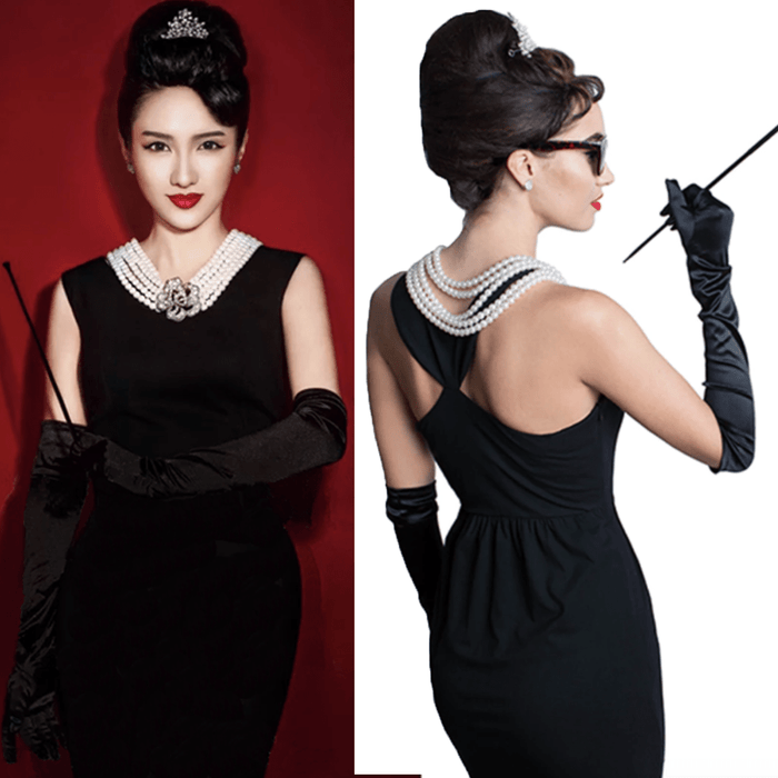 Holly Golightly Halloween Costume 6 Piece Jewelry and Accessories Set Tiara Necklace Earrings Long Satin Gloves Functional Cigarette Holder Sunglasses (Rental) - Utopiat