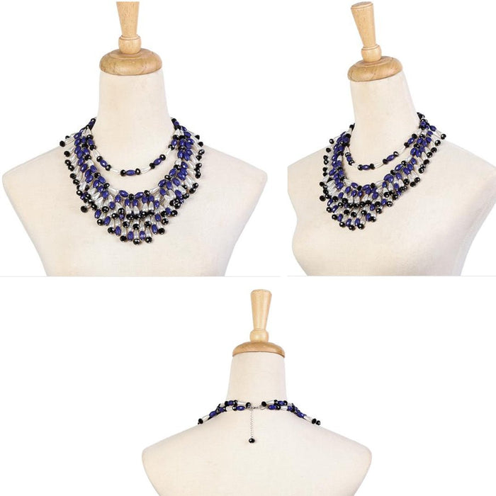 Holly Navy Tiered Bead Necklace – Audrey - Inspired Layered Bead Glam for Halloween & Timeless Everyday Elegance - Utopiat