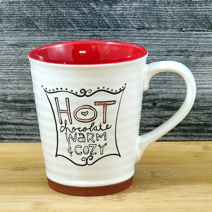Hot Chocolate Coffee Mug Red White Embossed Christmas Tea Cup Blue Sky 17oz