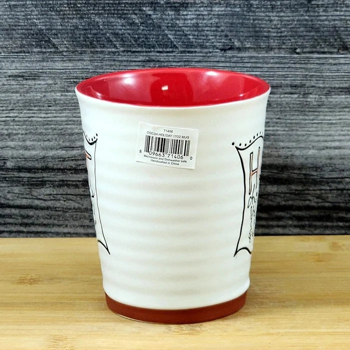 Hot Chocolate Coffee Mug Red White Embossed Christmas Tea Cup Blue Sky 17oz