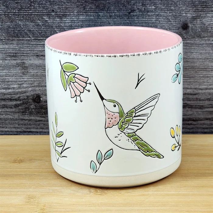 Hummingbird Planter Ceramic Utensil Organizer Pink Succulent Pot Blue Sky 5in
