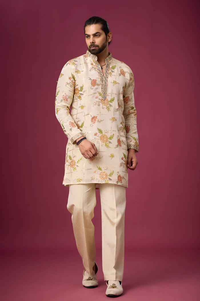 Ivory Floral Heritage Embroidered Kurta Set for Men | Mahavir NX
