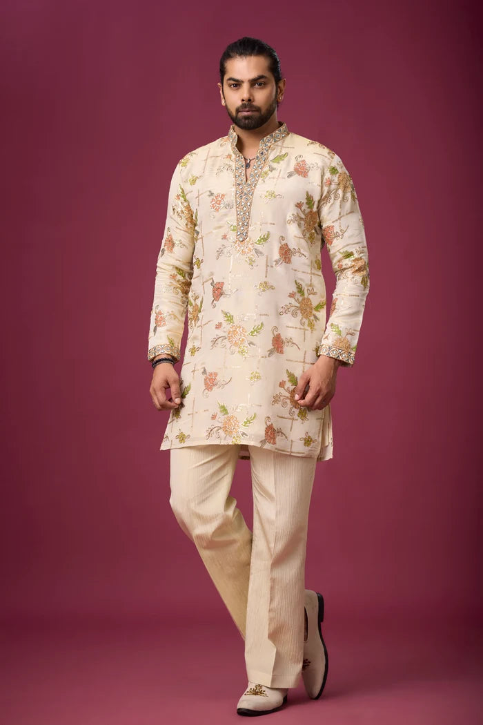 Kurta Set for Men Online India – Ivory All-Over Floral Heritage | Mahavir NX