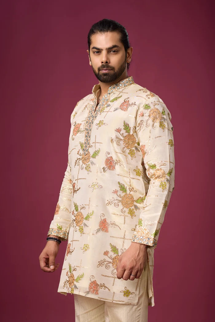 All-Over Floral Ivory Kurta Set – Wedding & Festive Ethnic Wear | Mahavir NX