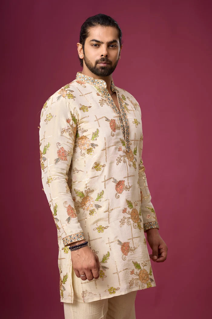 Buy Ivory Floral Kurta Set for Men Online India | Mahavir NX