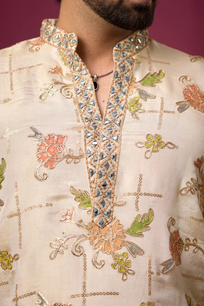 Affordable Ivory Floral Ethnic Kurta Set – Side View | Mahavir NX