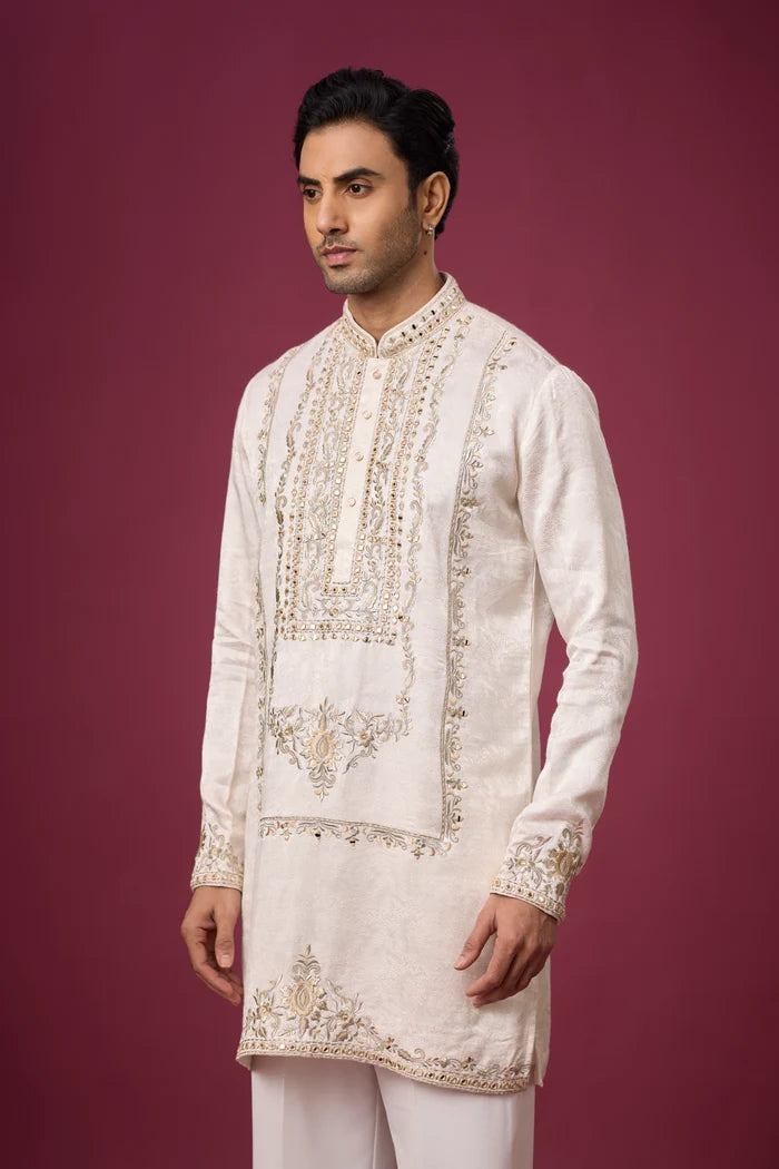 Ornate Vertical Panel Monochromatic Ivory Kurta – Wedding Wear | Mahavir NX