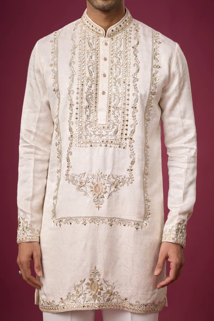 Luxury Regal Panel Embroidered Ivory Ethnic Kurta – Side View | Mahavir NX