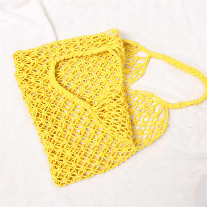 35x35CM Fashion Popular Woven Bag Mesh Rope Weaving Tie Buckle Reticulate Hollow Straw Bag No Lined Net Shoulder Bag