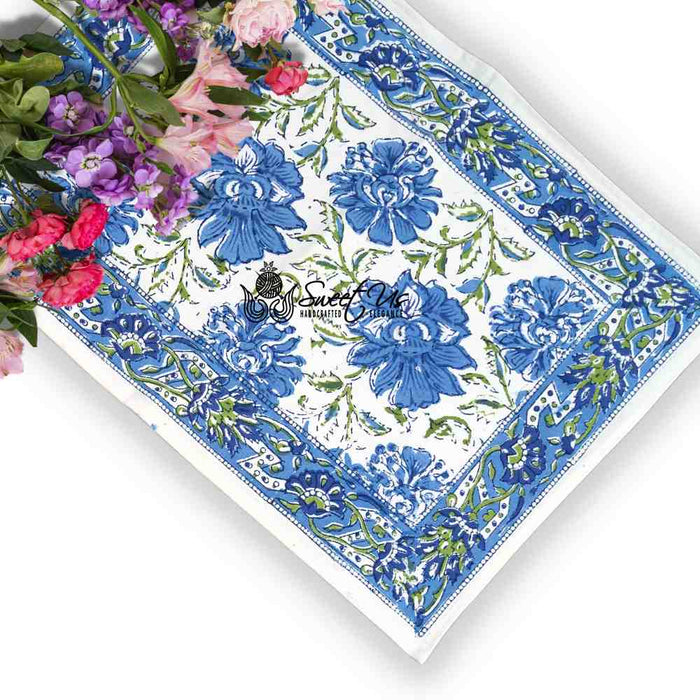 Cotton Block Print Lotus Flower Tablecloth Round Rectangular Square Blue - Sweet Us