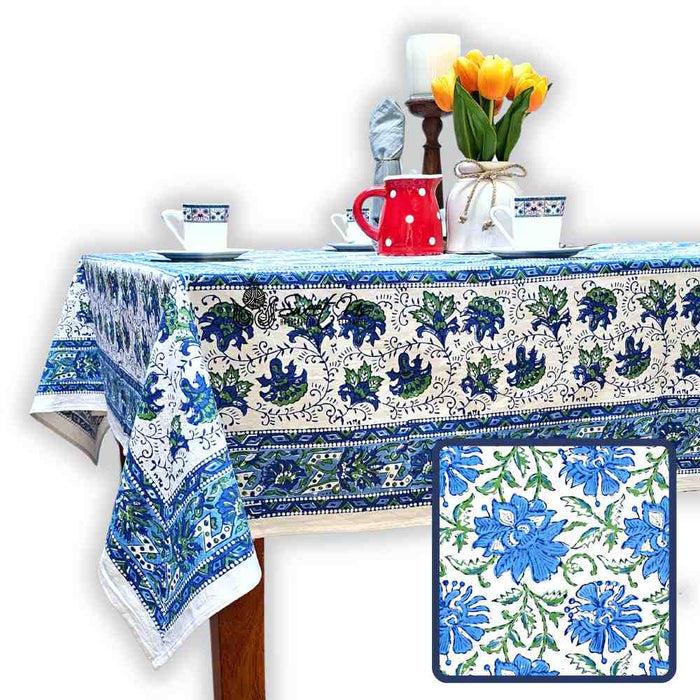 Cotton Block Print Lotus Flower Tablecloth Round Rectangular Square Blue - Sweet Us