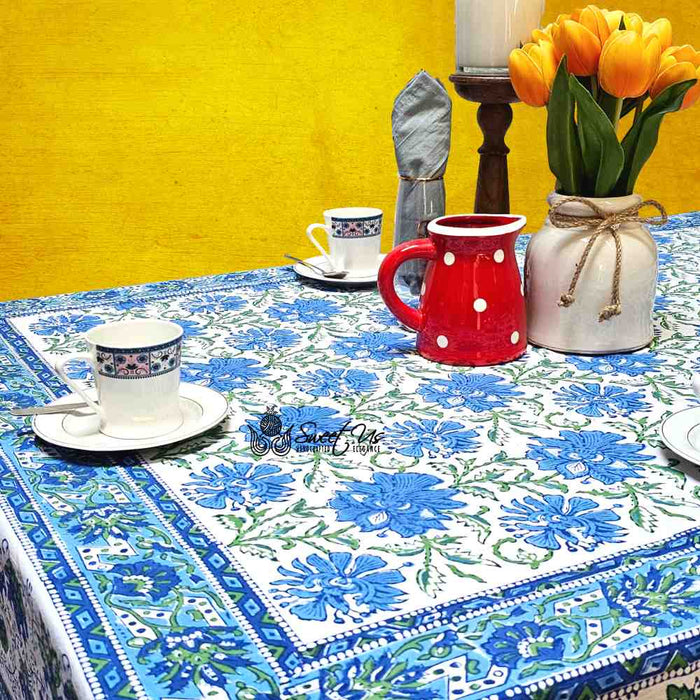 Cotton Block Print Lotus Flower Tablecloth Round Rectangular Square Blue - Sweet Us
