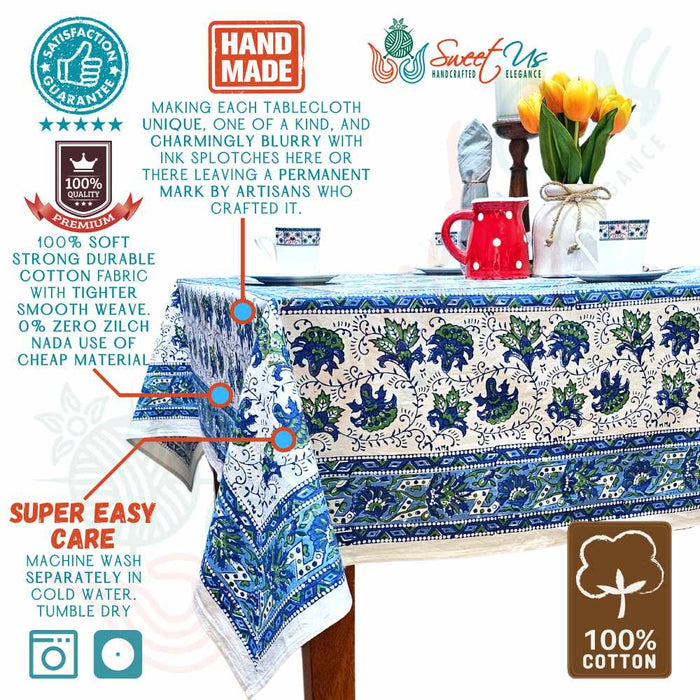 Cotton Block Print Lotus Flower Tablecloth Round Rectangular Square Blue - Sweet Us