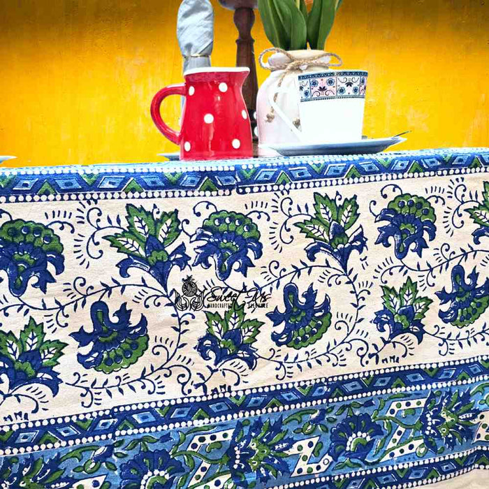 Cotton Block Print Lotus Flower Tablecloth Round Rectangular Square Blue - Sweet Us