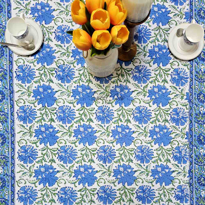 Cotton Block Print Lotus Flower Tablecloth Round Rectangular Square Blue - Sweet Us