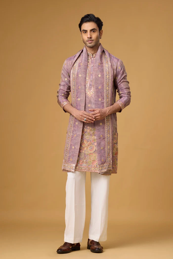 Mehndi Outfit for Men – Mauve Floral Kurta with Stole | Mahavir NX