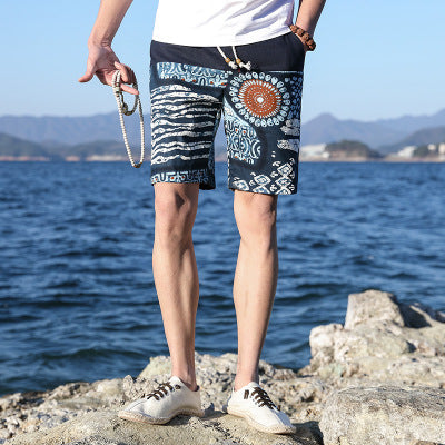 Men’s Cotton-Linen Loose Beach Pants – Five-Point Design