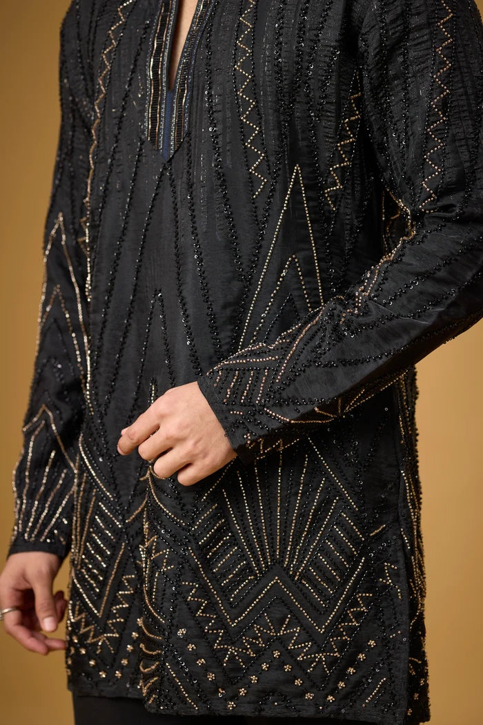 Midnight Black Geometric Kurta Set for Men – Full Length View | Mahavir NX