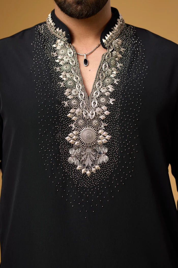 Midnight Black Pearl Neckline Kurta Set – Full Length View | Mahavir NX