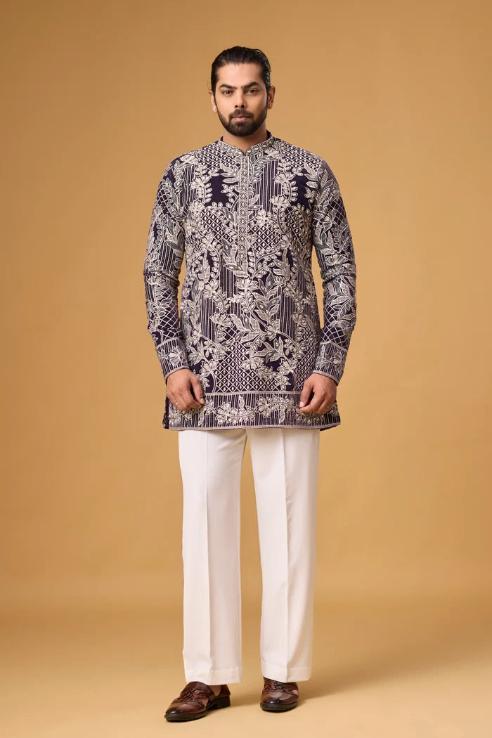 Midnight Heritage Floral Patterned Kurta Set for Men | Mahavir NX