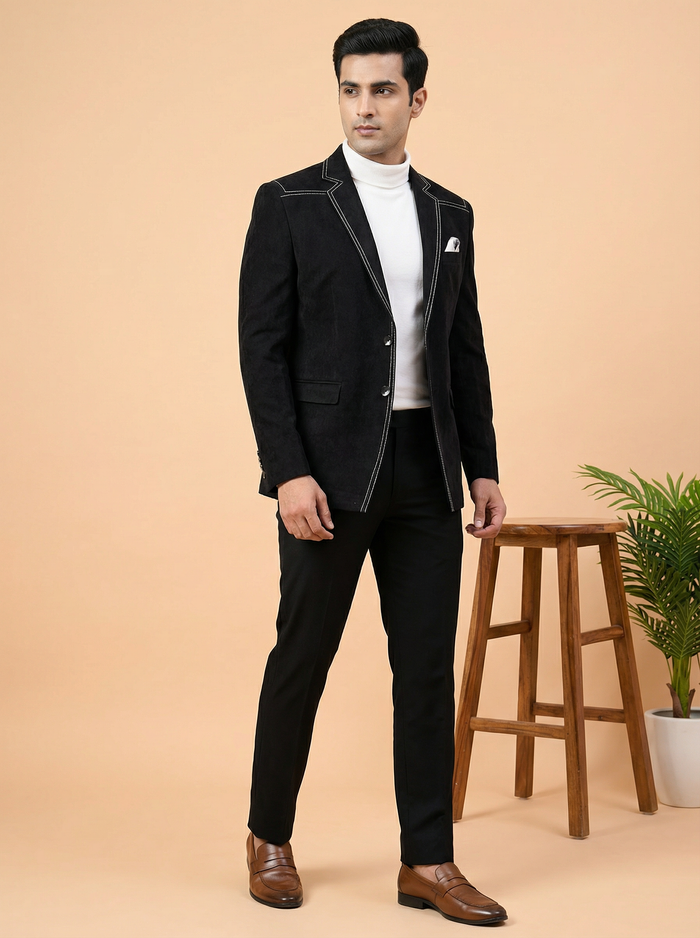 Designer Contrast Stitch Party Blazer for Men – Side View | Mahavir NX