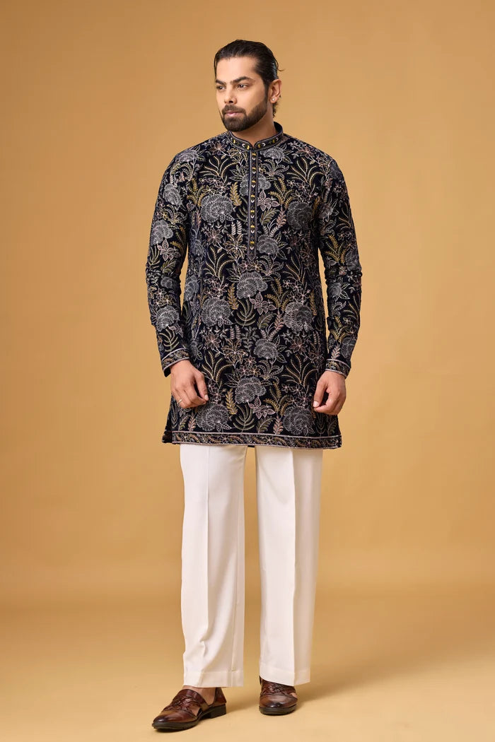 Navy Blue All-Over Floral Kurta for Men – Wedding Ethnic Wear | Mahavir NX