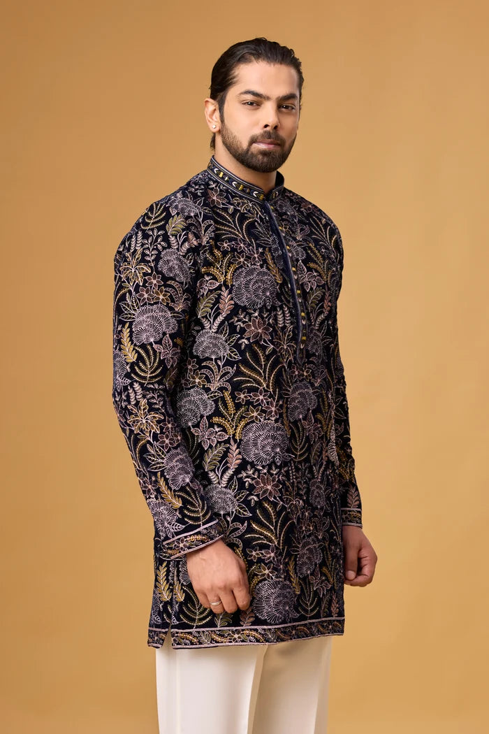 Metallic Floral Embroidered Navy Kurta Set – Festive Wear | Mahavir NX