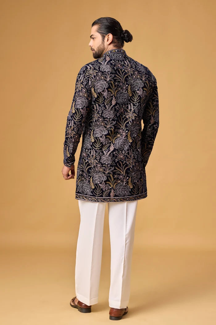 Midnight Navy Floral Kurta Pajama Set for Men – Front View | Mahavir NX