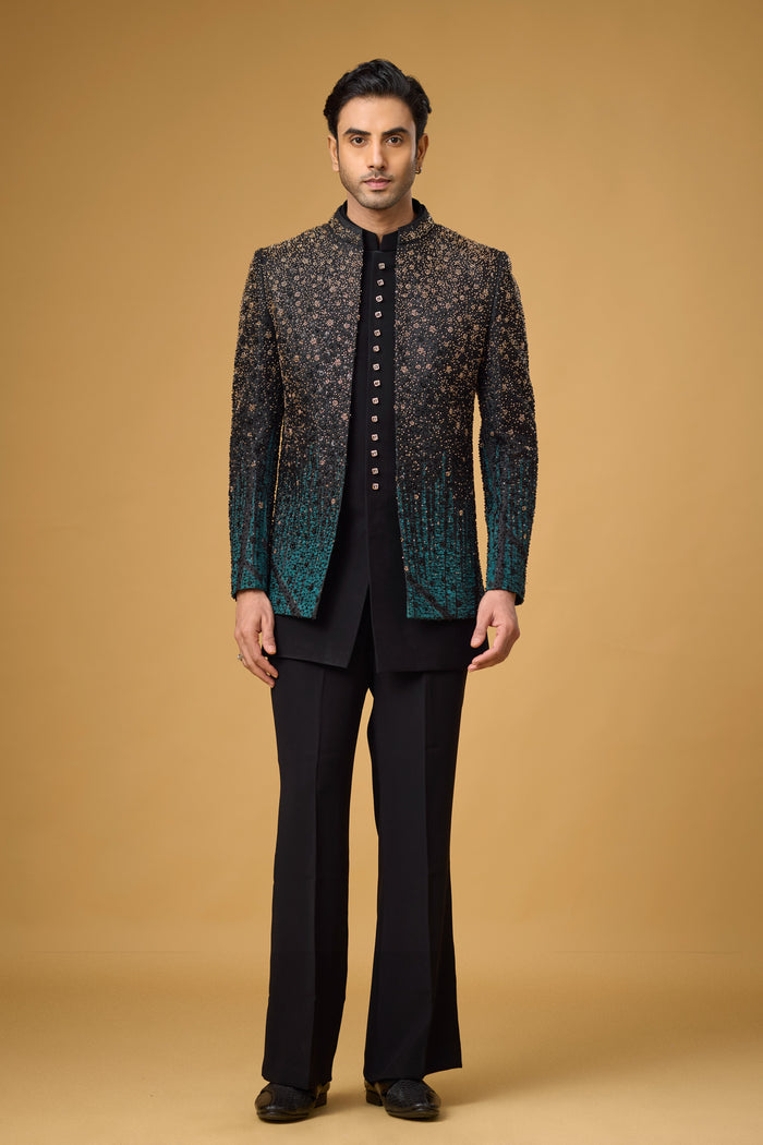 Midnight Teal shimmer Indo-Western for men | Mahavir NX
