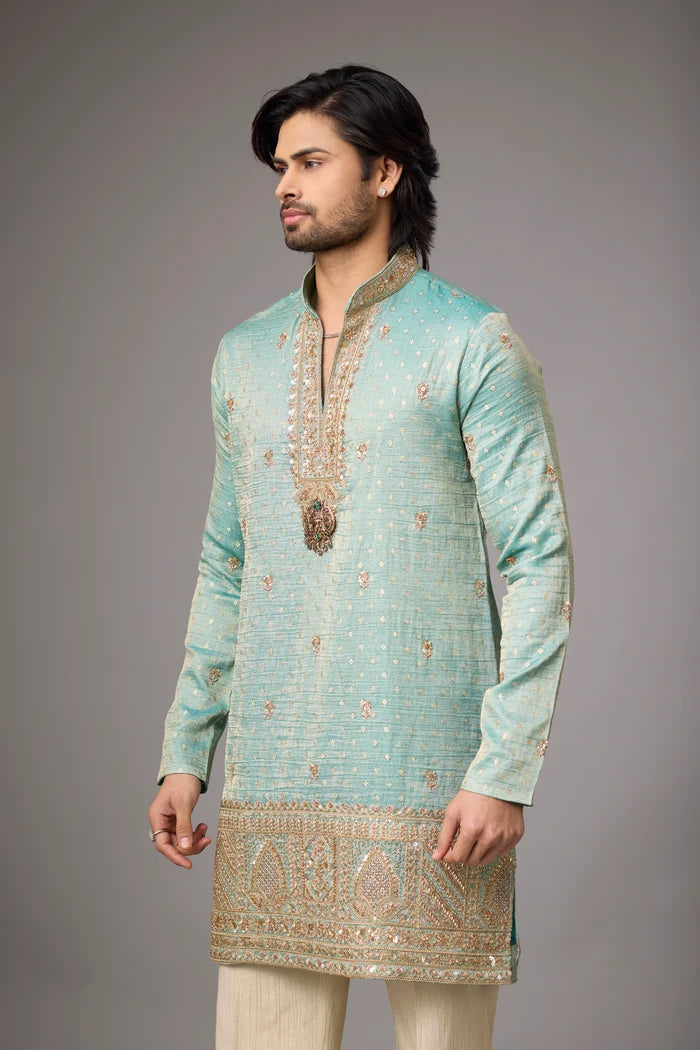 Mint Sage Geometric Hem Kurta Set – Wedding Ethnic Wear | Mahavir NX