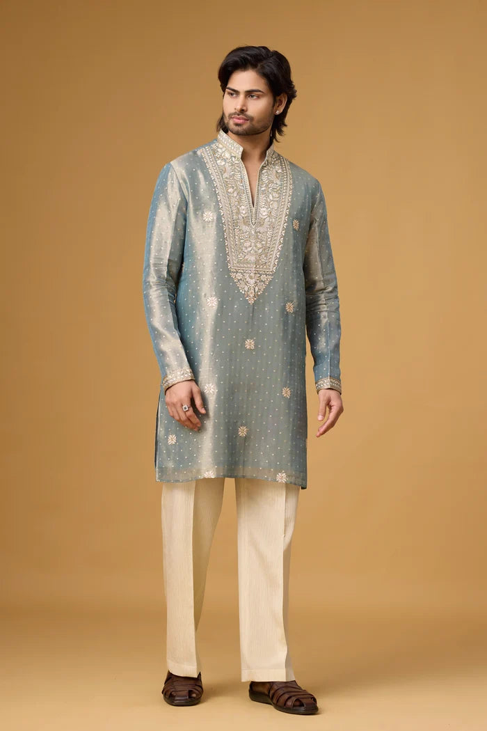 Diwali Kurta for Men – Misty Blue Floral Ethnic Wear | Mahavir NX