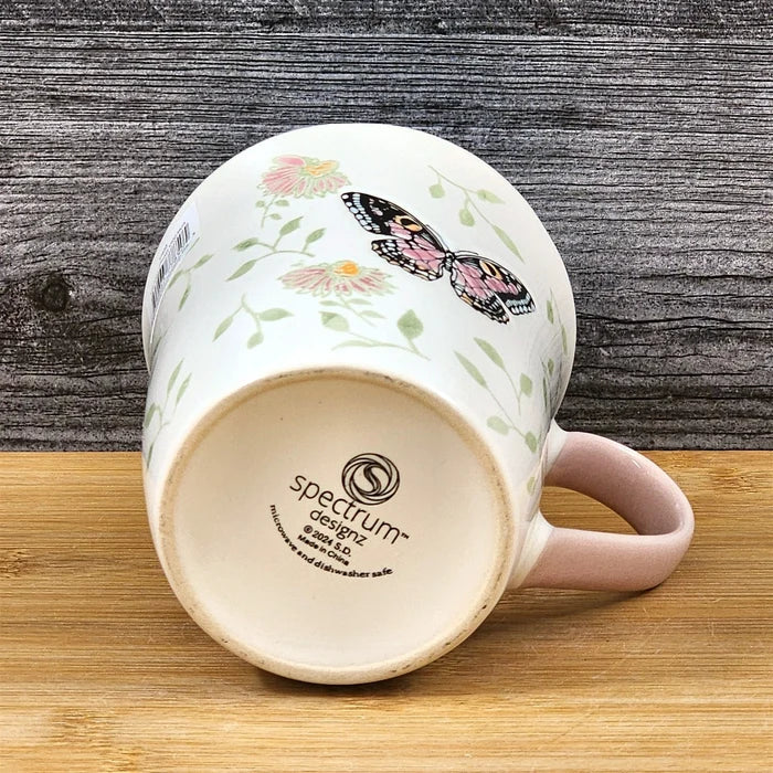 Monarch Butterfly Floral Coffee Mug Pink Interior Ceramic Tea Cup Blue Sky 17oz