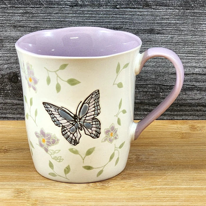 Monarch Butterfly Floral Coffee Mug Purple inside Ceramic Tea Cup Blue Sky 17oz