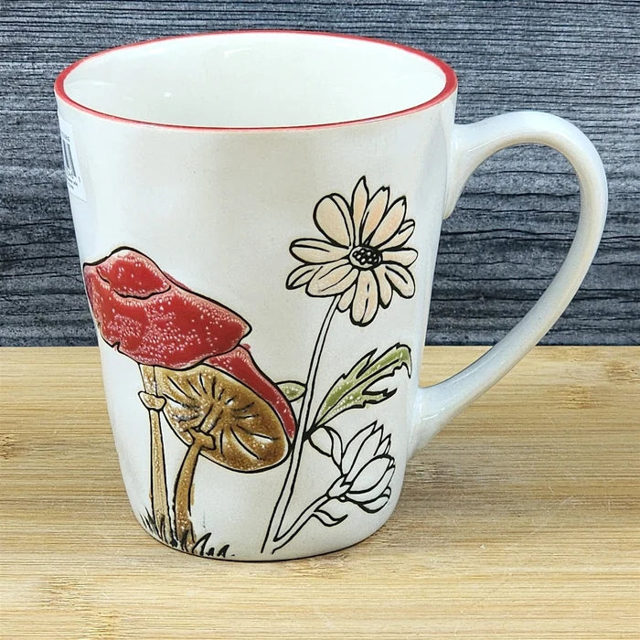 Morel Mushroom Coffee Mug Botanical Brown Green Floral Ceramic Tea Cup Blue Sky