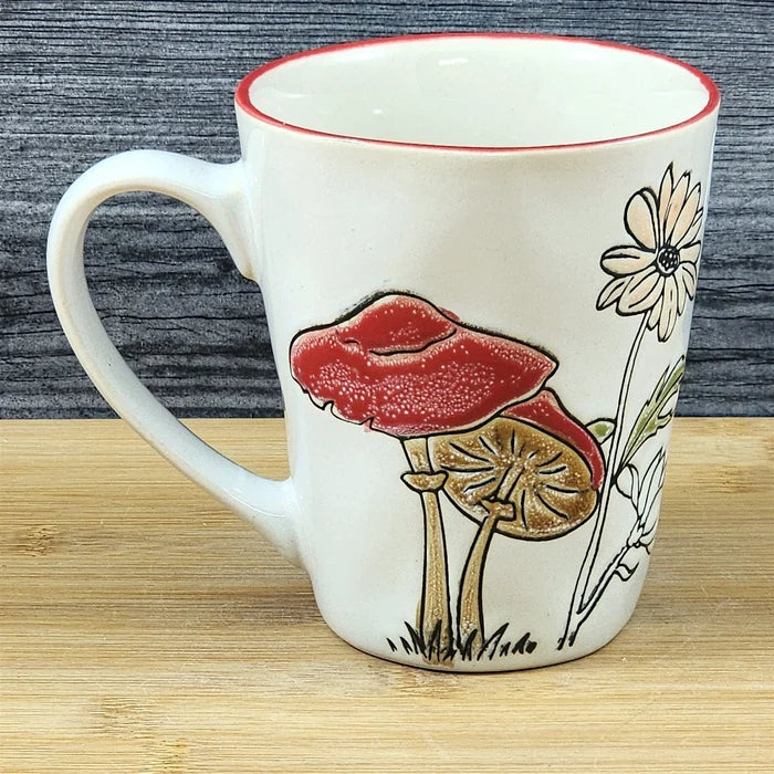 Morel Mushroom Coffee Mug Botanical Brown Green Floral Ceramic Tea Cup Blue Sky