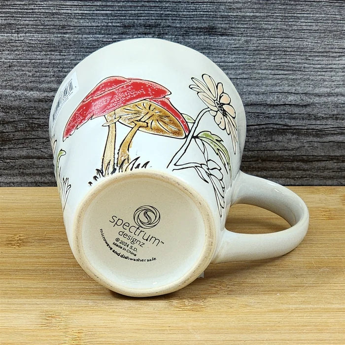 Morel Mushroom Coffee Mug Botanical Brown Green Floral Ceramic Tea Cup Blue Sky