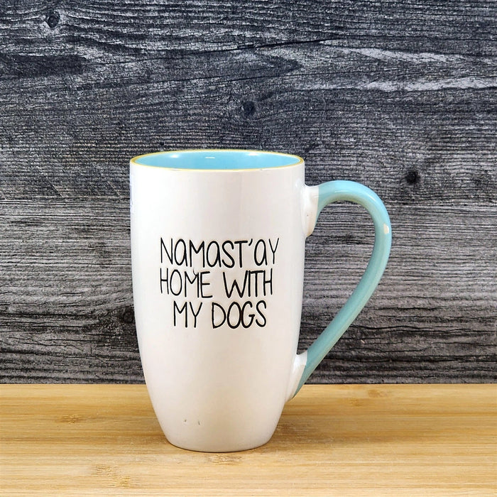 Namast'ay Home With My Dogs Coffee Mug Embossed White Ceramic Tea Cup Blue Sky