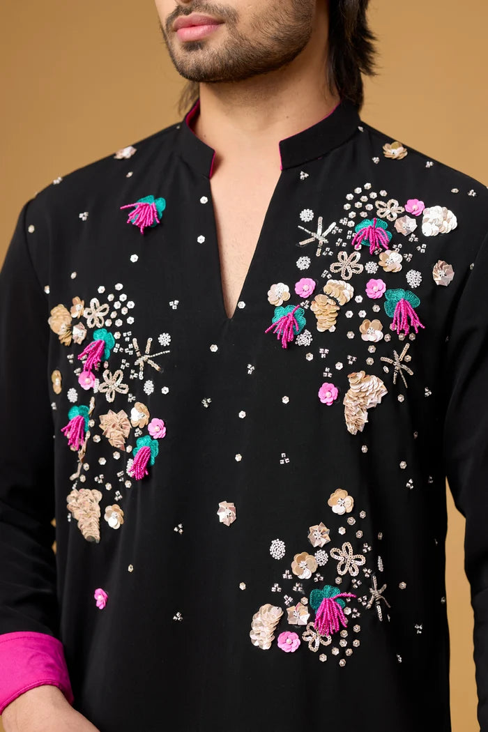 Premium Black Bloom Kurta Pajama Set for Men | Mahavir NX