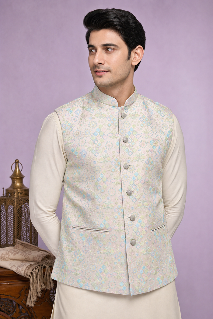 Pastel Printed Nehru Koti for Men – Wedding Wear | Mahavir NX