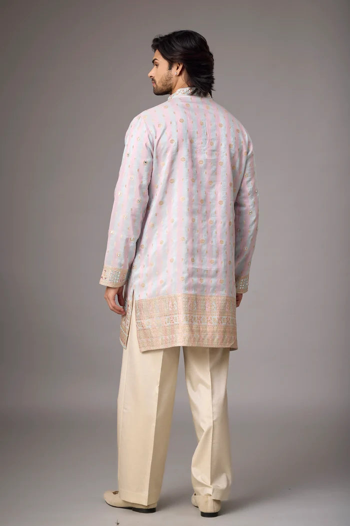 Pastel Rose Zari Kurta Pajama Set – Front View | Mahavir NX