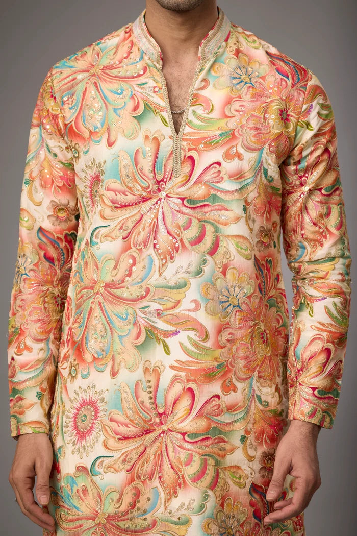 Designer Botanical Print Ethnic Kurta – Side View | Mahavir NX