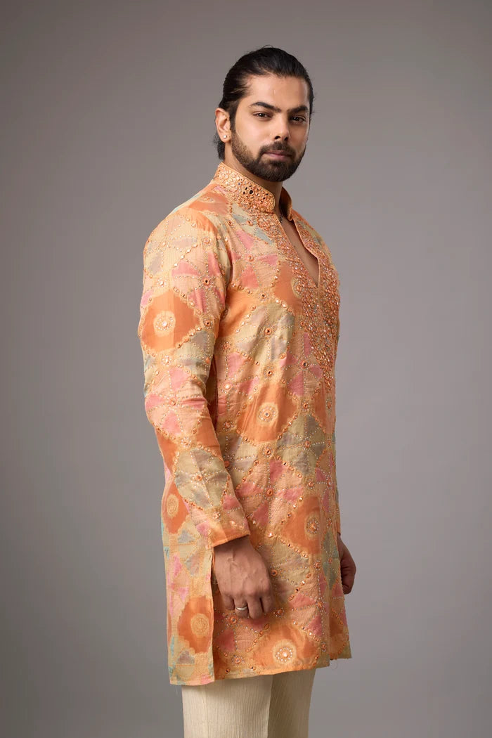 Peach All-Over Geometric Kurta Set – Wedding Ethnic Wear | Mahavir NX
